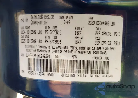 2000 Jeep Cherokee Sport из США, поврежденный, VIN 1J4FF48S1YL242290